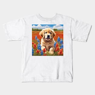 Golden Retriever Puppy in Texas Wildflower Field Kids T-Shirt